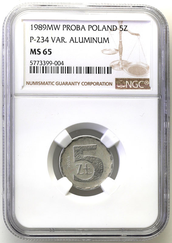 PRL PRÓBA aluminium 5 złotych 1989 NGC MS65 (MAX)